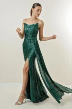 Robe longue à sequins, drapée sur le devant, sans bretelles et doublée