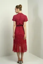 Kadın Kruvaze Yaka Astarlı Çıtır Desen Önü Volanlı Şifon Elbise