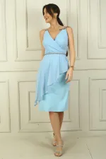 Kadın Çift İp Askılı Üstü Şifon Kemerli Kısa Krep Elbise