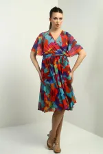 Women's Wrap Neckline Lined Chiffon Rainbow Dress with Belt