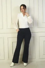 Kadın Beli Lastikli Yandan Cepli İspanyol Paça Çımalı Çelik Pantolon