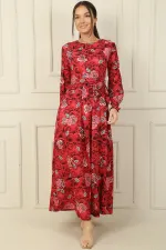 Beli Kuşaklı Gül Desenli Kol Uçları Büzgülü Gofre Uzun Elbise