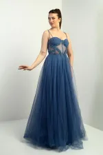 Kadın İp Askılı astarlı Göğüs Pliseli Boncuk İşlemeli Uzun Prenses Elbise