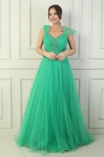 Robe de soirée princesse pour femme, décolleté en V devant et dos, manches tombantes doublées et broderie appliquée sur le haut