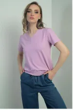 Women's V-Neck Short-Sleeve Blouse with Slit