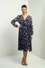 Women's Wrap Neckline Belted Lined Pleated Patterned Midi Chiffon Dress