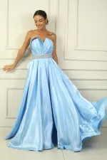 Kadın Straplez Arkadan Bağcıklı Kemeri Taşlı Astarlı Pileli Saten Tam Daire Kloş Elbise