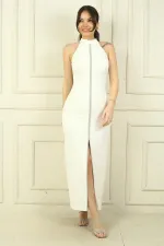 Women's Halter Neck Long Crepe Dress with Front Slit and Center Stone Embellishment