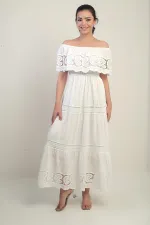 Women's Madonna Neckline Lined Long Dress with Lace Details and Embroidery