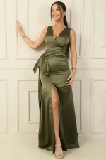 Front and Back V-Neck, Side Pocket Square, Slit Long Satin Evening Dress