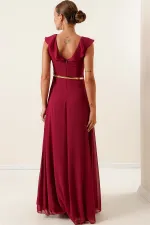 Long Chiffon Dress with Ruffled Neckline and Belt, and Slit