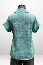 Kadın Polo Yaka Kendinden Desenli Keten Gömlek