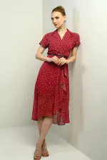 Kadın Kruvaze Yaka Astarlı Çıtır Desen Önü Volanlı Şifon Elbise