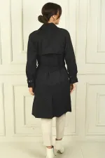 Kadın Beli Ve Kolları Kemerli Önü Düğmeli Cepli Pardesü