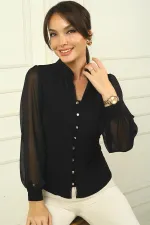 Chemise boutonnée pour femme, manches en tulle et col mandarin