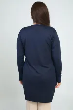 Kadın Kolları Düğme Detaylı Soğuk İplik Büyük Beden Uzun Hırka