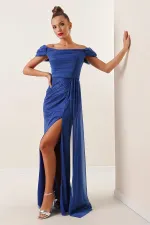 Önü Büzgülü Düşük Kol Astarlı Simli Uzun Elbise