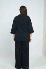 Kadın Kruvaze Polo Yaka Tek Tarafı Pulpayet Yanı Bağcıklı Krep Şifon Büyük Beden Bluz