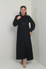 Kadın Kolu Ve Önü Pullu Büyük Beden Uzun Tesettür Elbise