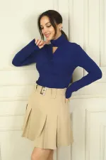 Kadın Önü Pencereli Düğüm Detaylı Likralı Bluz