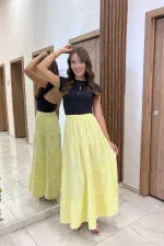 Women's Layered Muslin Long Skirt with Elastic Waist