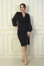 Kadın Boncuklu Kruvaze Yaka Astarlı Beli Kemerli Şifon Kollu Midi Elbise