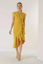 Double-Breasted, Flounced Front, Lined Crepe Dress