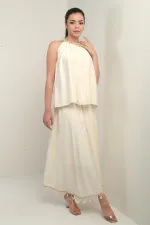 Women's Beaded Halter Neck Blouse and Elasticated Waist Lined Tassel Skirt 2-Piece Set