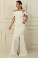 İp Askılı Balenli Yakası Garnili Taşlı Astarlı İthal Krep Full Telalı Uzun Elbise