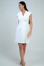 Women's Wrap Neckline Buckle Detail Pleated Skirt Lycra Crepe Dress