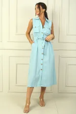 Robe Safari effet lin avec bouton sur le devant, taille ceinturée et poche