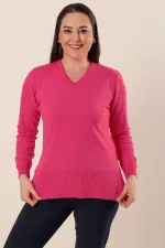 V Yaka Kolları Modelli Yanları Yırtmaçlı Büyük Beden Akrilik Kazak