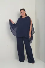 Cape en satin à col et doublure à sequins pour femme, chemisier sans manches, pantalon palazzo, ensemble 3 pièces en mousseline doublée grande taille
