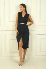 Women's Wrap Neckline Front Pleated Belted Crepe Satin Dress