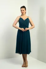 Women's Strappy Wrap Neckline Lined Lace-Up Back Flared Chiffon Dress