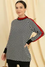 Zigzag Patterned Collar and Sleeve Stripes Comfortable Knit Tunic