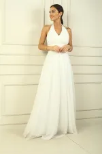 Kadın Boyundan Bağlamalı Taş Baskılı Astarlı Uzun Tül Elbise