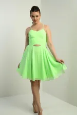 Women's Strappy, Back-Tie, Front-Opening, Lined Chiffon Short Flared Dress