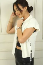 Women's Dropped Sleeve Vest with Side Laces and Metal Buttons at the Front