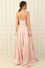 Front Draped, Pocketed, Lined Organza Satin Strapless Long Evening Dress