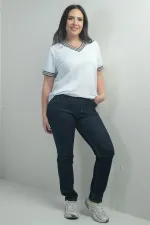 Jean taille haute à jambes droites pour femme, grandes tailles, délavé à la pierre