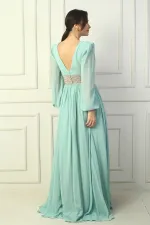 Robe de soirée longue en mousseline de soie avec col en V et taille brodée pour femme