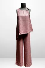 Kadın  Toka Detaylı Eteği Asimetrik Bluz Beli Lastikli Cepli Palazzo Pantolon Keten 2'li Takım