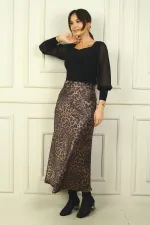 Jupe longue en satin imprimé léopard à taille élastique pour femme
