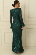 Double-breasted Collar, Feathered Sleeves, Lined, Side Slit, Draped, Sequined Long Dress