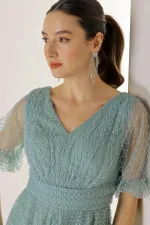 Ön Arka V Yaka Kısa Balon Kollu Kare Benekli Simli Dalya Kumaş Astarlı Elbise