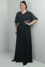 Kadın V Yaka Beli Taşlı Drapeli Astarlı Büyük Beden Uzun Şifon Elbise