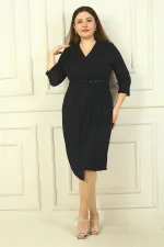 Kadın Kruvaze Yaka Uzun Kollu Astarlı Pileli Beli Aksesuar Detaylı Büyük Beden Simli Kısa Elbise