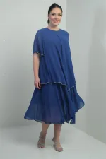 Robe midi en mousseline doublée à manches courtes à volants pour femme, grande taille, ornée de pierres