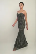 Robe longue à bretelles pour femme, doublée de tulle et ornée d'un imprimé pierre floqué